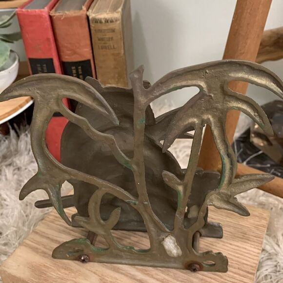 Vintage Distressed Tarnished Cast Metal Brass Panda with Bamboo Letter Holder - Picture 7 of 17